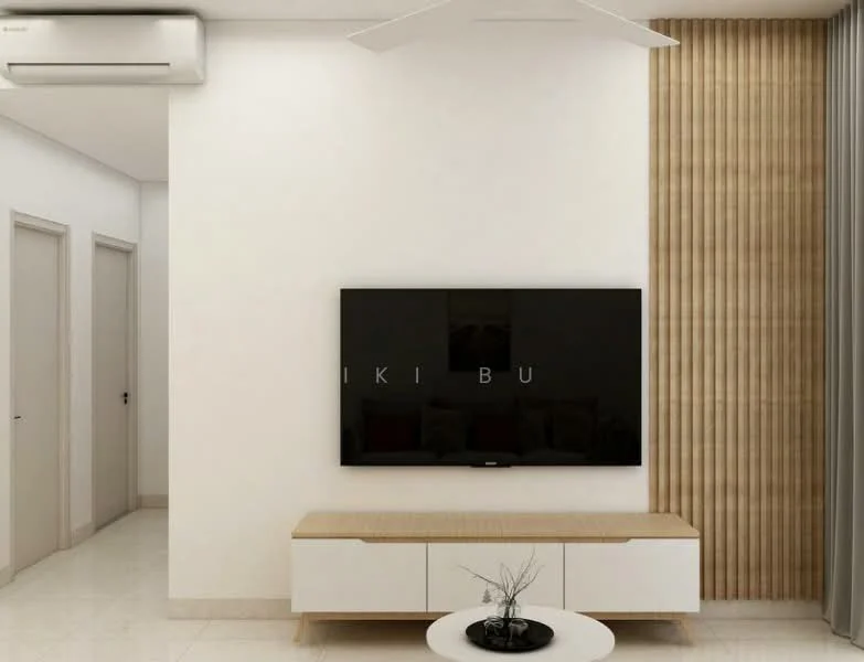 Living features: white painted walls, cream tiled flooring, 5-blade ceiling fan, wall-mounted TV, TV console with wood finish, decorative plant on coffee table, recessed lighting, curtains, air conditioning unit; style: modern.