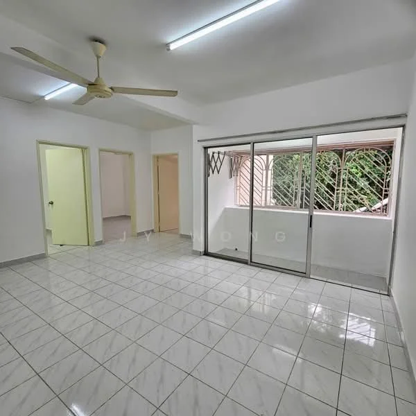 Living features: white painted walls, marble tile flooring, 5-blade ceiling fan, sliding glass door, floor-to-ceiling windows, natural light from windows, window treatments not visible, no visible furniture; view: garden. Room features: white painted walls, marble tile flooring, doorway to adjacent rooms.