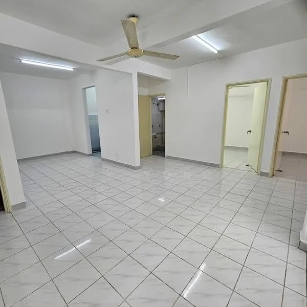 Room features: white painted walls, glossy white floor tiles, ceiling with recessed lighting, ceiling fan, open layout, multiple doorways, neutral color scheme, no visible furniture; style: modern.