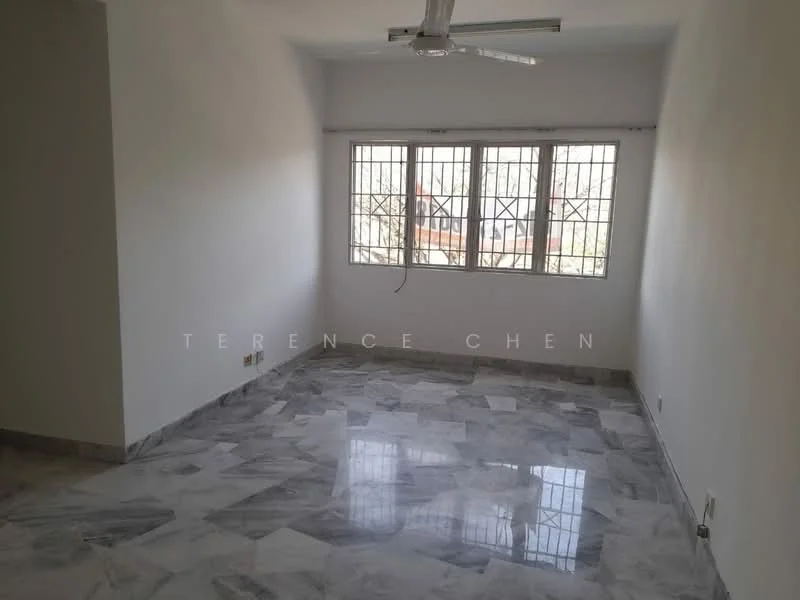 Room features: white painted walls, marble tile flooring, 5-blade ceiling fan, three large windows with metal grills, natural light from windows, corner of room with no visible furniture, neutral color scheme, smooth ceiling; style: modern.