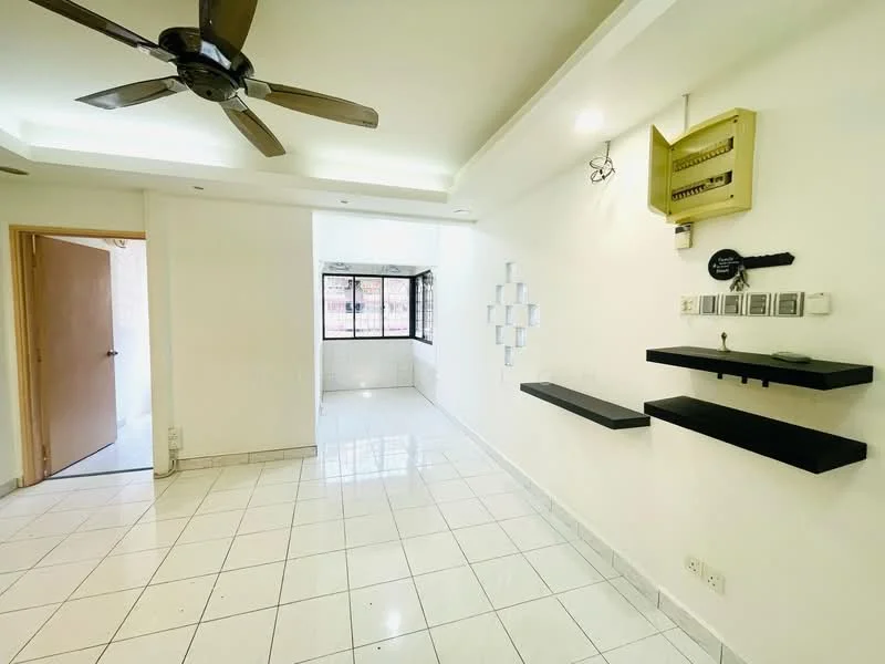 Living features: white painted walls, glossy white tile flooring, 5-blade ceiling fan with light, floor-to-ceiling windows, black floating shelves, decorative wall mirrors, recessed downlights, door leading to hallway; style: modern.