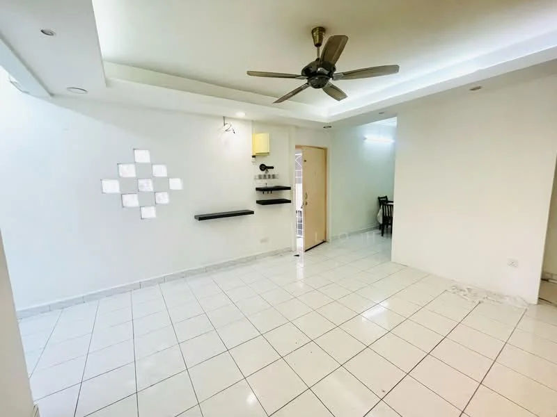 Living features: white painted walls, glossy white tile flooring, 5-blade ceiling fan with light, recessed downlights, wall-mounted shelves, door leading to another room, open layout, decorative wall feature; style: modern.