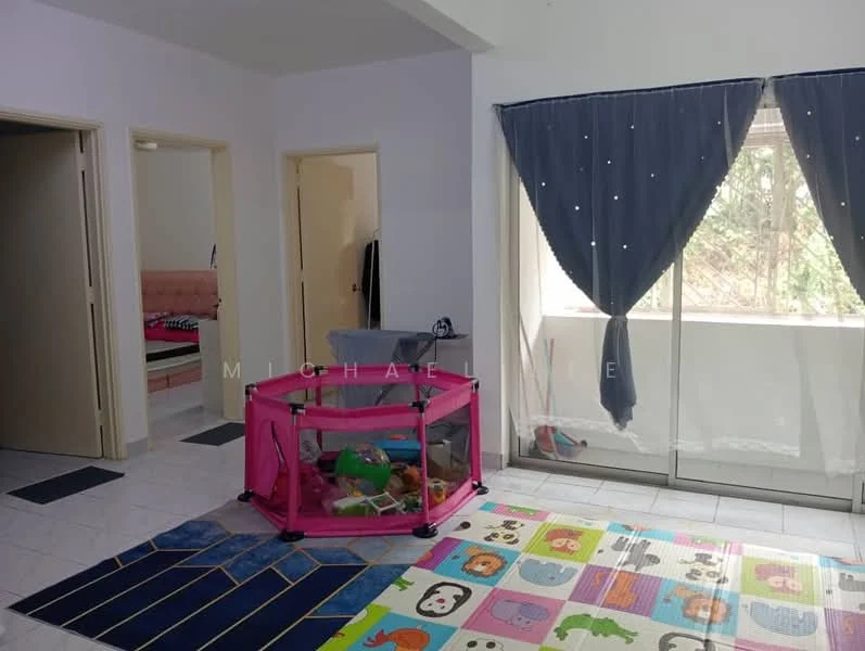 Living features: white painted walls, tile flooring, large sliding glass door, sheer curtains, colorful area rug with animal patterns, playpen with toys, open layout, natural light from window. Room features: doorway to adjacent room, doorway to hallway.
