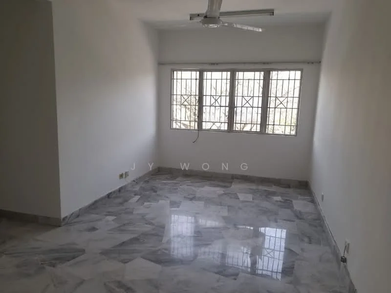 Room features: white painted walls, marble tile flooring, ceiling fan, three-pane windows with metal grilles, natural light from windows.