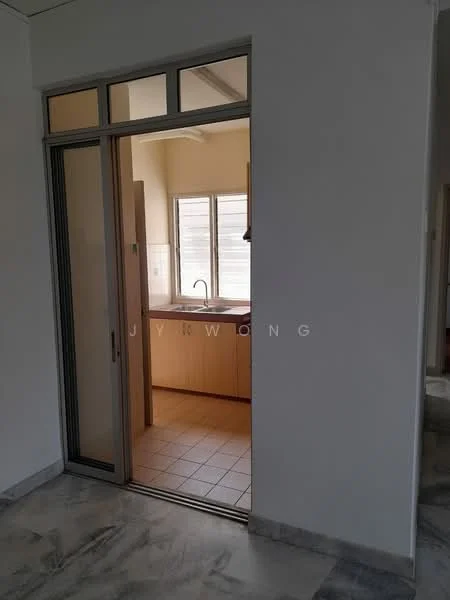 Room features: white painted walls, marble flooring, window with grid design, sliding glass door, kitchen cabinetry, tile flooring in kitchen area, countertop, sink visible in kitchen area.
