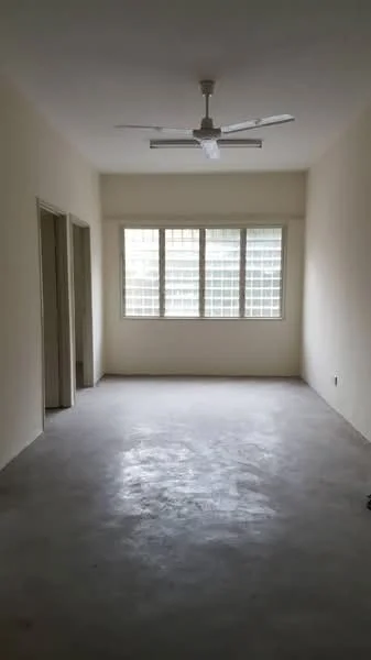 Room features: plain white walls, concrete flooring, 5-blade ceiling fan, three large windows with grid pattern, no visible furniture, neutral color scheme, natural light from windows; style: minimalist.