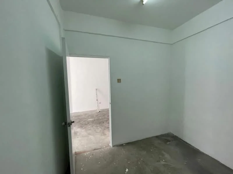 Room features: white painted walls, concrete flooring, single door, ceiling light fixture.