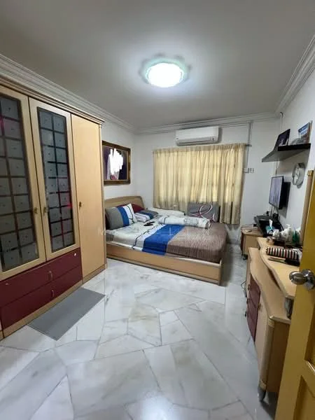 Bedroom features: queen-size bed with brown bedding, upholstered headboard, built-in wardrobe with glass panels, wooden dresser, wall-mounted TV, marble tile flooring, air conditioning unit, curtains on window, decorative wall mirror, ceiling light fixture; style: modern.