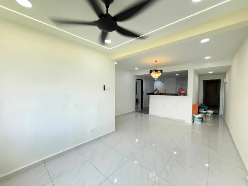 Living features: white painted walls, glossy white tile flooring, 5-blade ceiling fan with light, recessed LED downlights, chandelier, open layout to kitchen, large windows for natural light, neutral color scheme; style: modern. Kitchen features: kitchen island, bar stools, open layout to living area, storage cabinets, countertop space; style: modern.