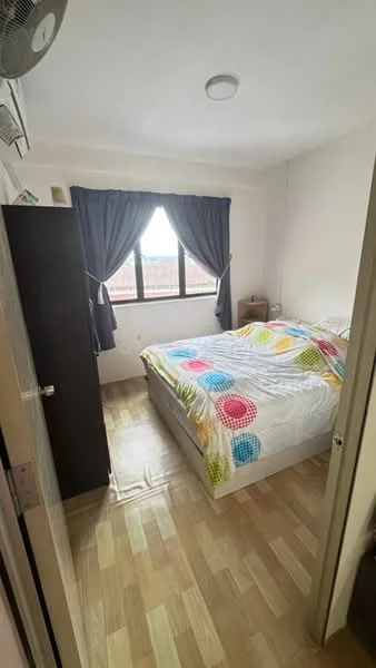 Bedroom features: queen-size bed with colorful polka dot bedding, wooden flooring, floor-to-ceiling window with sheer curtains, black wardrobe, nightstand, wall-mounted air conditioning unit, recessed ceiling light; style: modern.