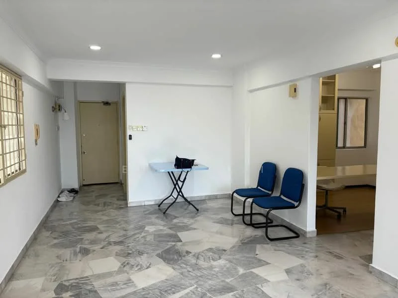 Room features: white painted walls, marble flooring, recessed downlights, two blue chairs, foldable table, doorway leading to another room, window with natural light, light switch, wall-mounted intercom, open space layout; style: modern.