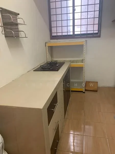 Kitchen features: light-colored countertop, gas cooktop with two burners, wooden cabinetry with handles, open shelving above countertop, tile flooring, window with grid pattern, yellow shelving unit, neutral wall color; style: modern.