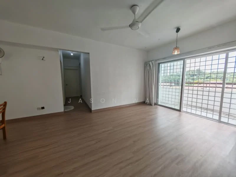 Living features: light wood laminate flooring, white painted walls, ceiling fan, large sliding glass door, curtains, natural light from windows, open layout, corner for dining area; style: modern; view: garden. Room features: white painted walls, doorway leading to another room, light wood laminate flooring.