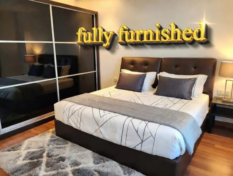 Bedroom features: king-size bed with upholstered headboard, two bedside lamps, decorative throw pillows, framed artwork on the wall, large mirrored wardrobe, wooden flooring, area rug with geometric pattern, grey bedding with decorative pattern; style: modern.