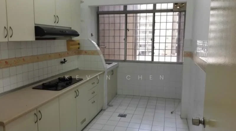 Kitchen features: white cabinetry, laminate countertop, stainless-steel sink, chrome pull-down faucet, 4-burner gas hob, built-in oven, white tiled backsplash, white tiled flooring, window with metal grille, wall-mounted range hood.