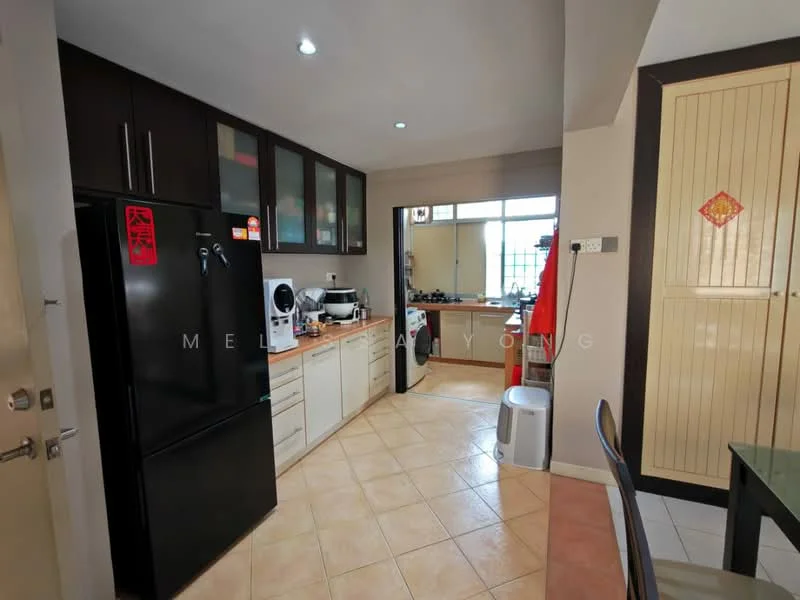 Kitchen features: black refrigerator, white cabinetry with flat-panel doors, light-colored countertop, sink, built-in oven, microwave, ceramic tile flooring, window with natural light, kitchen island with seating, wall-mounted cabinets, decorative wall art, open layout to adjacent room; style: modern.