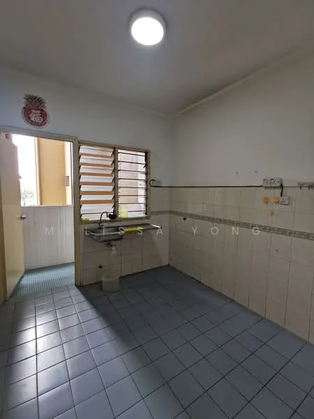 Kitchen features: single-bowl stainless-steel sink, chrome pull-down faucet, wall-mounted cabinets, tile backsplash, white tiled walls, blue ceramic floor tiles, window with horizontal slats, light fixture on ceiling, door leading outside.