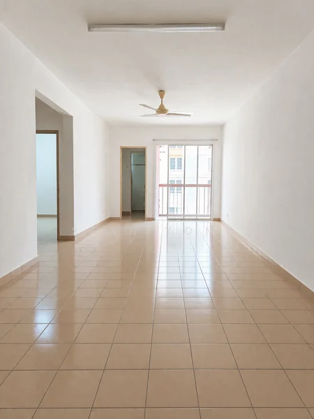 Living features: cream painted walls, glossy beige tile flooring, 5-blade ceiling fan, floor-to-ceiling windows, sliding glass door, natural light from windows, open layout, neutral color scheme; style: modern.
