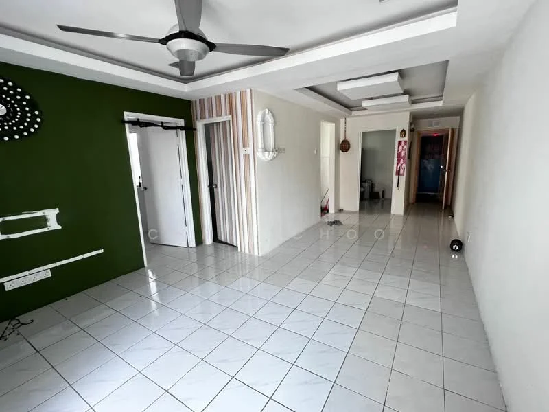 Living features: white painted walls, green accent wall, white ceiling with recessed lighting, 5-blade ceiling fan, glossy white tile flooring, doorway leading to hallway, doorway leading to kitchen, wall-mounted light fixture, decorative wall art, open layout; style: modern. Room features: white painted walls, glossy white tile flooring, doorway leading to bathroom, doorway leading to bedroom.