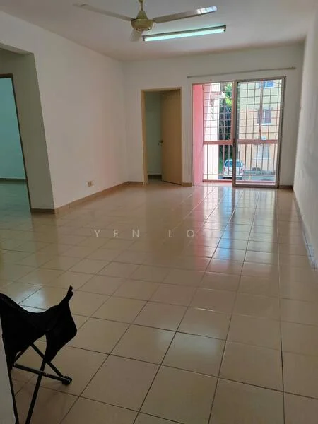 Living features: white painted walls, glazed tile flooring, 5-blade ceiling fan with light, sliding glass door, floor-to-ceiling windows, natural light from windows, neutral color scheme, open layout.