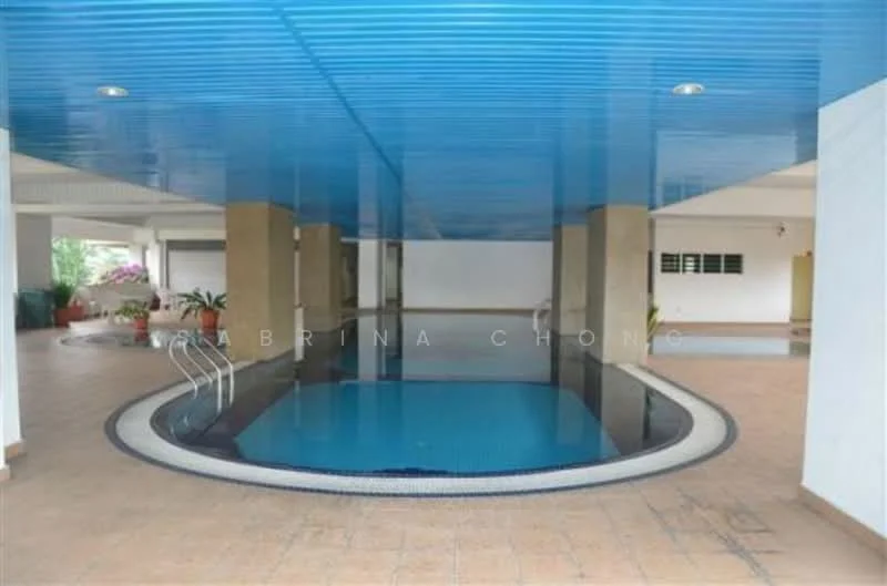 Exterior type: swimming pool deck; features: in-ground swimming pool, blue ceiling, tiled pool edge, surrounding tiled deck, landscaped planters, multiple poolside steps, indoor pool area, natural light from windows; style: modern.