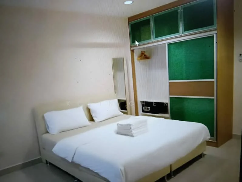 Bedroom features: king-size bed with white bedding, upholstered headboard, built-in wardrobe with green and wood panels, mirror on wall, white walls, tile flooring, recessed ceiling lights, bedside table, folded towels on bed; style: modern.