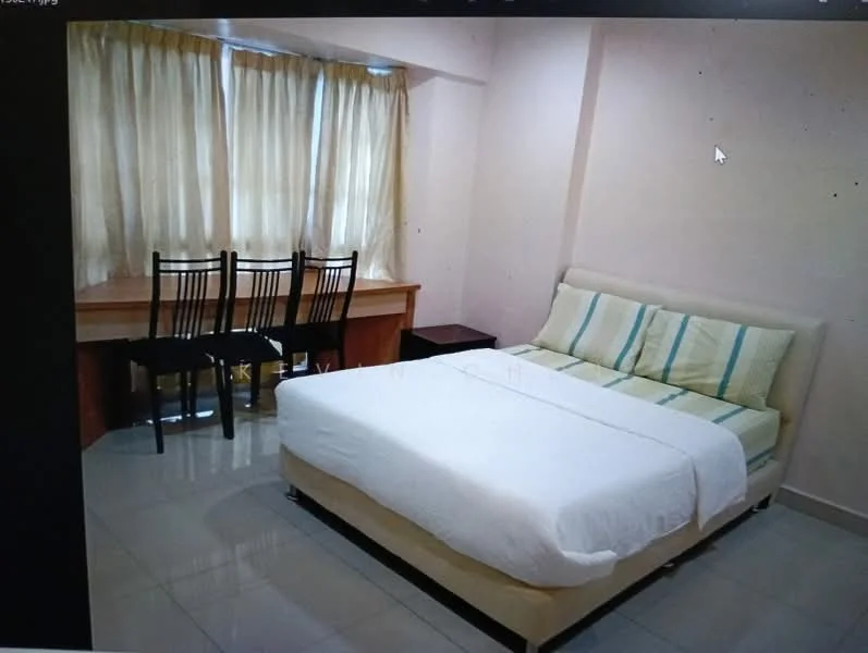 Bedroom features: queen-size bed with white bedding, upholstered headboard, wooden bedside table, study desk with wooden surface, 4 black dining chairs, floor-to-ceiling windows with sheer curtains, light-colored painted walls, glossy tile flooring, decorative throw pillows with stripes; style: modern.
