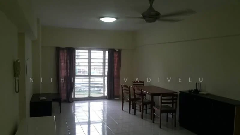 Living features: white painted walls, glossy tile flooring, 5-blade ceiling fan, large sliding glass door, curtains in dark color, dining table with four chairs, black console cabinet, telephone on wall, natural light from window; view: city.