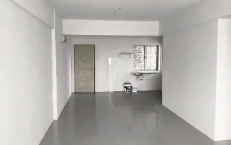 Room features: white painted walls, grey polished concrete flooring, single door, window with no visible treatment, kitchenette with sink, empty space, no visible appliances, no visible furniture; style: minimalist.
