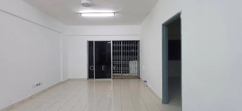 Room features: white painted walls, tile flooring, sliding glass door, floor-to-ceiling windows, recessed ceiling lights, open layout, grid pattern window grille, neutral color scheme; style: modern.
