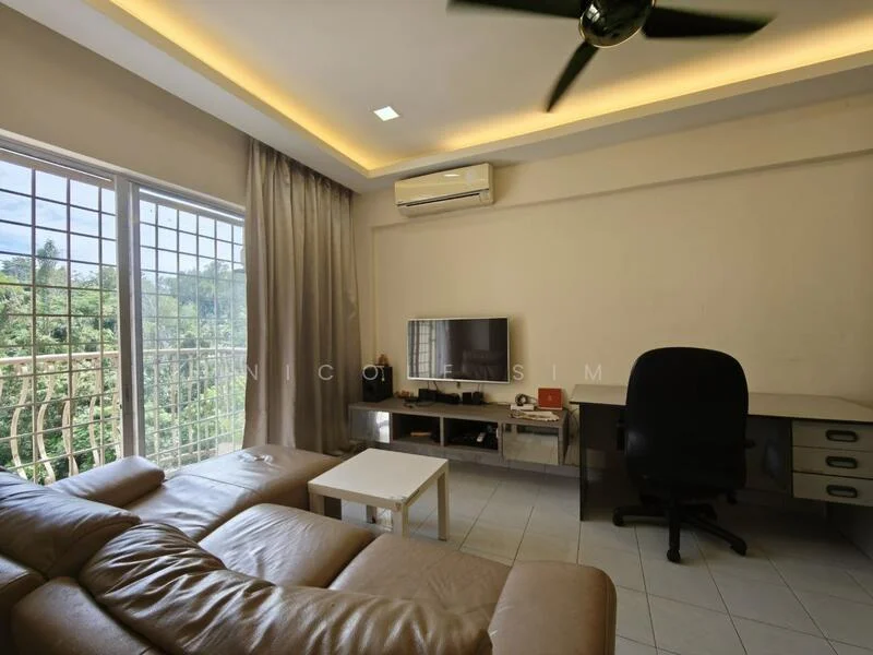 Living features: 3-seater leather sofa in beige, coffee table, wall-mounted TV, TV console, desk with chair, floor-to-ceiling windows, curtains, wall-mounted split AC, recessed downlights, tile flooring, ceiling fan; style: modern; view: garden.