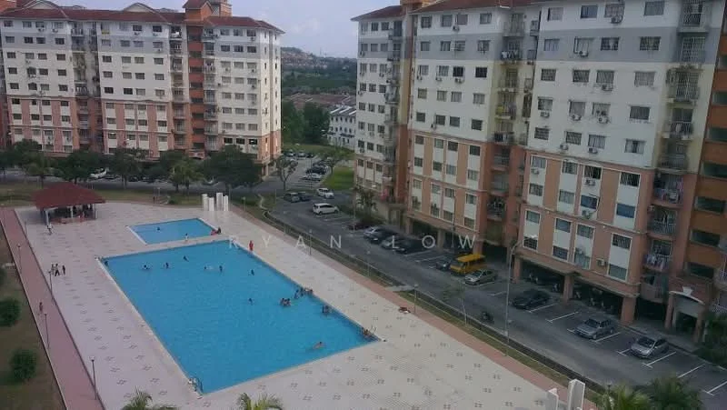 Exterior type: mid-rise condominium; features: swimming pool, pool deck with loungers, surrounding landscaped area, multiple-storey residential buildings, parking area, manicured lawn, paved walkway, outdoor seating area with gazebo; style: modern.