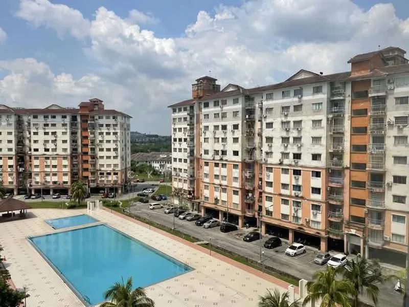 Exterior type: mid-rise condominium; features: swimming pool, pool deck with loungers, landscaped garden area, multiple parking spaces, balconies on upper floors, manicured lawn, surrounding palm trees, residential buildings with orange and white facade, covered pavilion, open-air parking lot; style: modern.