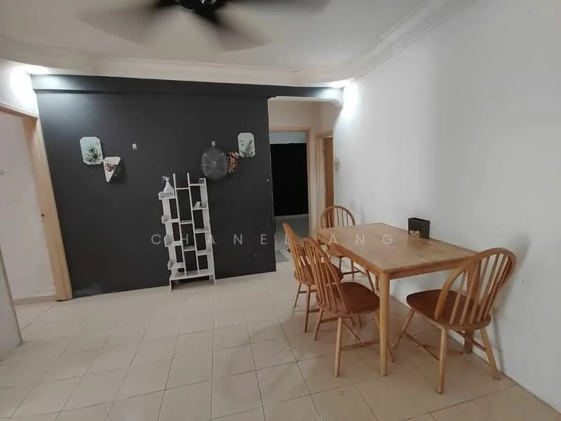 Dining features: wooden dining table, 4 wooden dining chairs, grey accent wall, cream tiled flooring, ceiling fan, wall-mounted decorative shelves, decorative wall art, light fixtures on ceiling; style: modern. Room features: cream painted walls, doorway leading to another room.