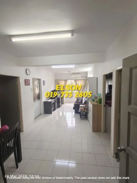 Room features: white painted walls, glossy ceramic tile flooring, recessed ceiling lights, dining table with chairs, wooden cabinets, window with sheer curtains, open layout, kitchen area visible, fridge, countertop, wall clock; style: modern.