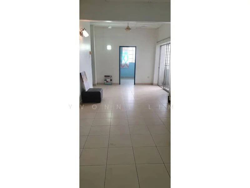 Living features: white painted walls, tile flooring, ceiling fan, large sliding glass door, natural light from windows, neutral color scheme, open layout, space for furniture arrangement.