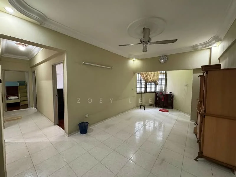 Living features: white painted walls, ceramic tile flooring, 5-blade ceiling fan with light, window with sheer curtains, wall clock, wooden cabinet, light fixture, open space layout. Room features: doorway leading to another room, doorway leading to hallway.