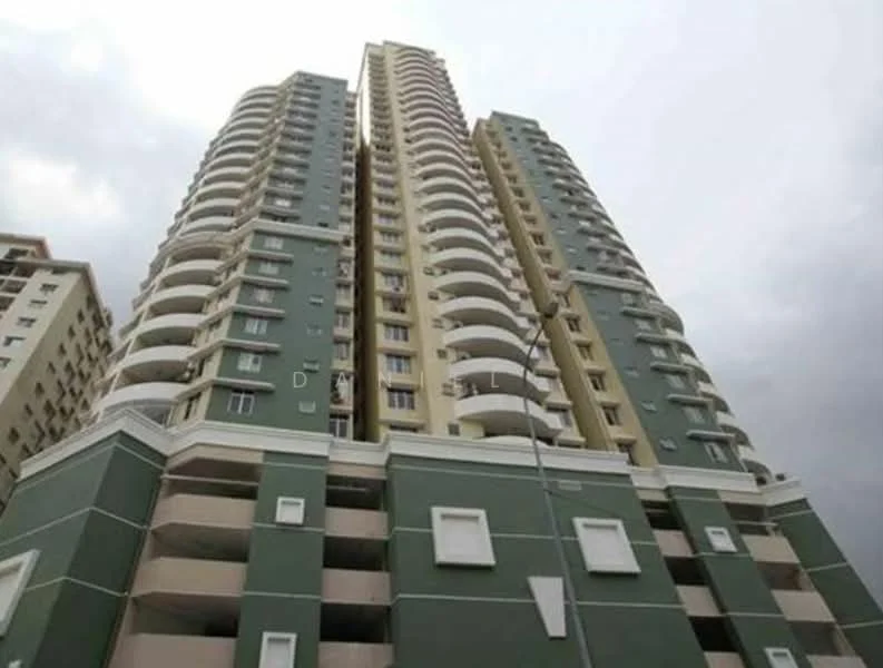 Exterior type: high-rise condominium; features: green and cream painted facade, recessed balconies, multiple storeys, curved balcony edges, large windows, parking deck visible, modern architectural design; style: modern.
