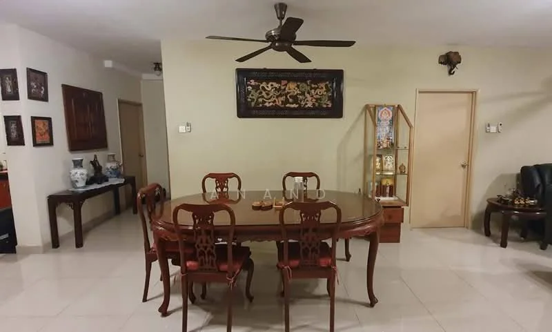 Dining features: round dining table, 6 upholstered dining chairs, ceiling fan, cream painted walls, tile flooring, decorative wall art, wooden sideboard, display cabinet, wall-mounted decor, doorway to hallway; style: traditional.