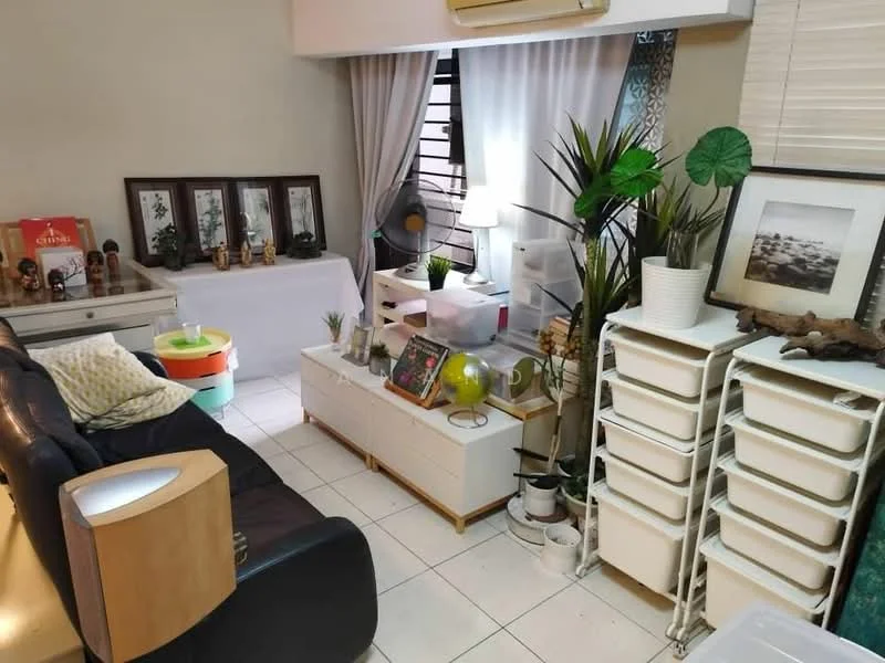 Living features: black leather sofa, white coffee table, decorative wall art, green potted plants, white storage units, table lamp, floor fan, curtains, tile flooring, wall-mounted air conditioning unit, decorative items on shelves, framed artwork, area rug; style: modern.