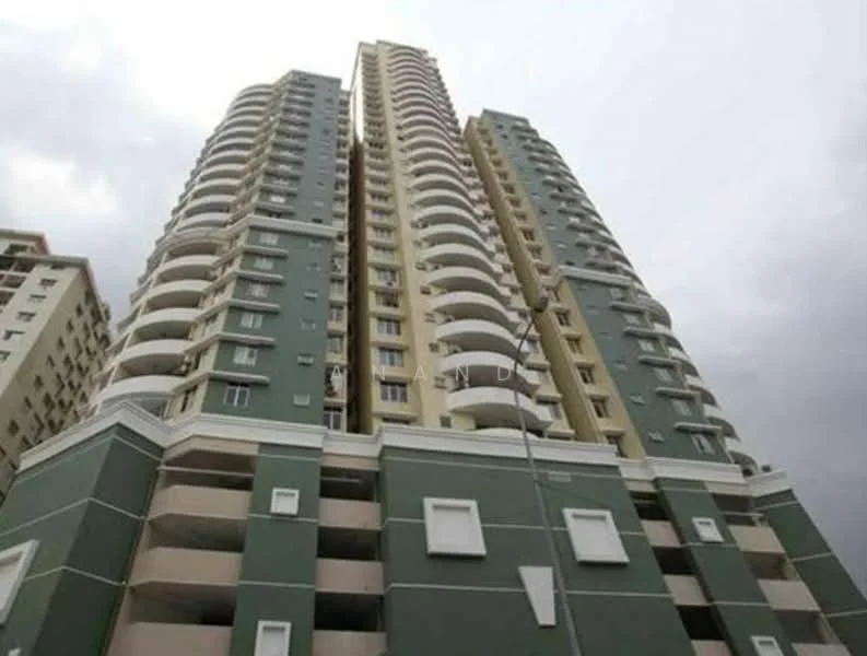 Exterior type: high-rise condominium; features: green and beige painted facade, curved balconies, multiple storeys, glass windows, concrete structure, elevated parking levels, decorative cornice, surrounding urban context; style: modern.