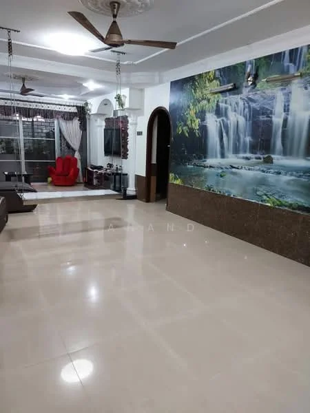 Living features: cream tiled flooring, white painted walls, large wall mural of a waterfall, ceiling fan, large windows with sheer curtains, sofa set, red armchair, decorative plants, wall-mounted TV, coffee table, open layout, recessed lighting; style: modern.