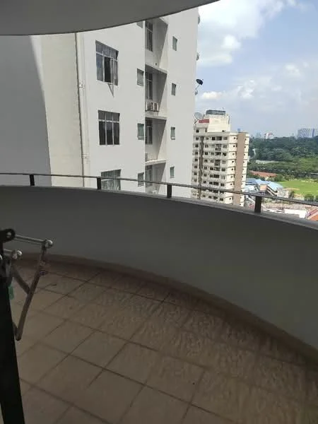 Room features: curved balcony, tile flooring, glass railing, city view, exterior wall with white paint, visible neighboring buildings, outdoor space; view: city.