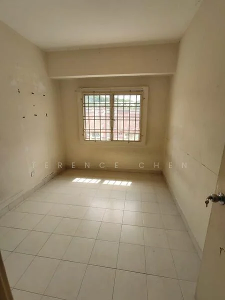 Room features: white painted walls, tile flooring, single window with grille, natural light from window.