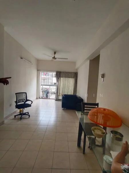 Living features: white painted walls, tiled flooring, ceiling fan, large window with sheer curtains, sliding glass door, sofa in dark blue fabric, glass dining table, office chair, decorative bowl on table, light fixture on ceiling; style: modern; view: city.