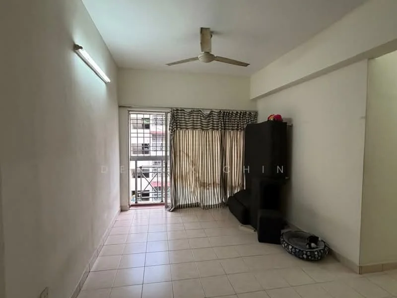 Living features: white painted walls, tile flooring, ceiling fan, floor-to-ceiling window, curtains with striped pattern, black furniture unit, pet bed, natural light from window.