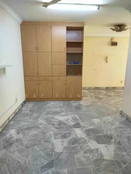Room features: light-colored painted walls, marble tile flooring, built-in wooden cabinets, shelving unit, ceiling light fixture, neutral color scheme, corner wall-mounted shelf; style: modern.