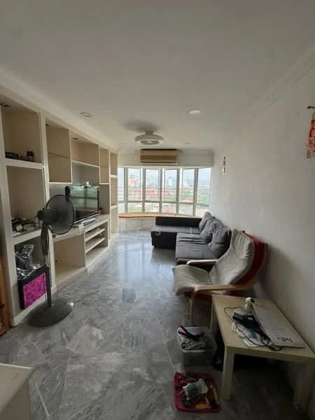 Living features: grey marble flooring, white painted walls, recessed downlights, 5-blade ceiling fan, floor-to-ceiling windows, TV console, wall-mounted TV, 3-seater fabric sofa in grey, armchair, coffee table, decorative items on shelves, air conditioning unit; style: modern; view: city.