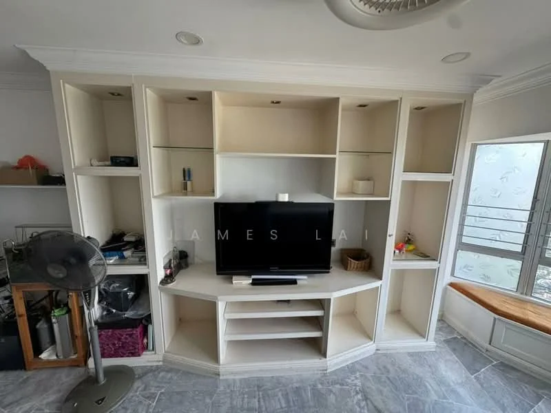 Living features: built-in shelving unit with white finish, flat-screen TV, decorative items on shelves, ceiling fan, grey marble flooring, large window with blinds, wooden bench seating, wall-mounted light fixtures; style: modern.