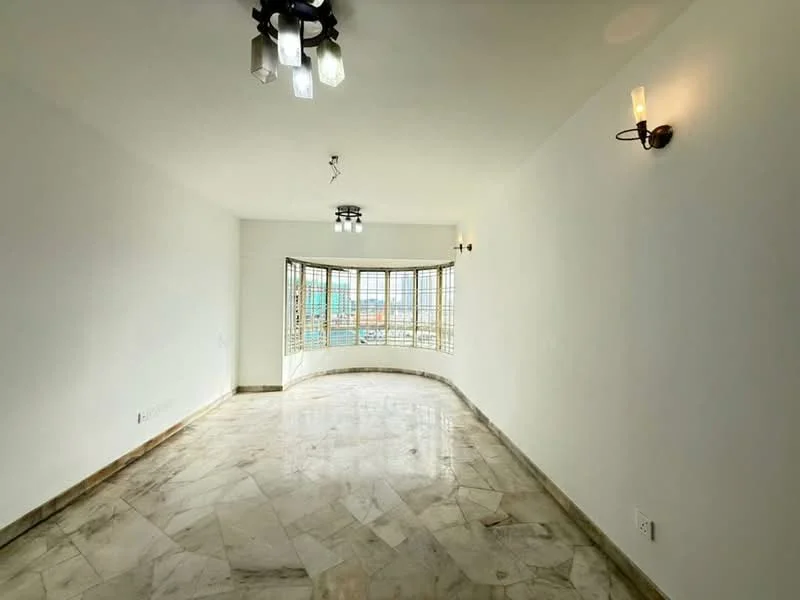 Living features: white painted walls, marble flooring, curved bay window with grid design, 2 wall sconces, 3 pendant lights, city view through window, high ceiling; style: modern; view: city.